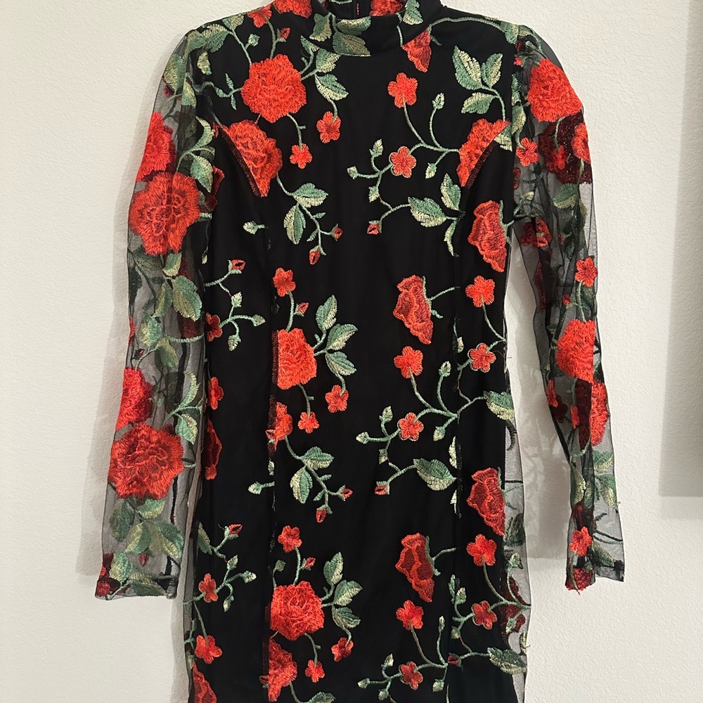 Vici Black Dress with Red Floral Embroidery
